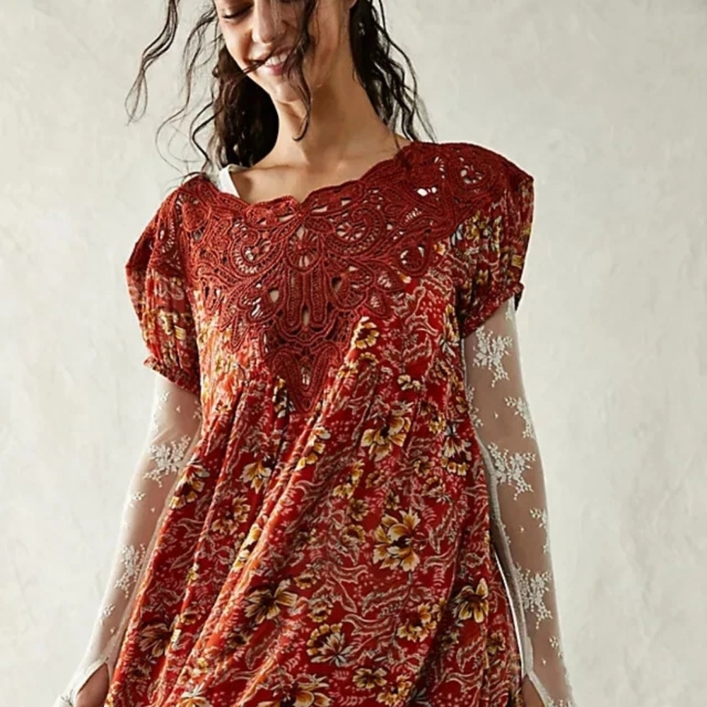 Free People Margot Floral Babydoll Dress Sz S Fall Terra Cotta Lace